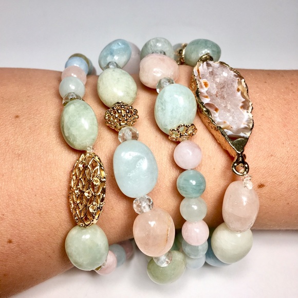 Morganite Aquamarine Stretch Bracelet Stackable - Picture 2 of 3